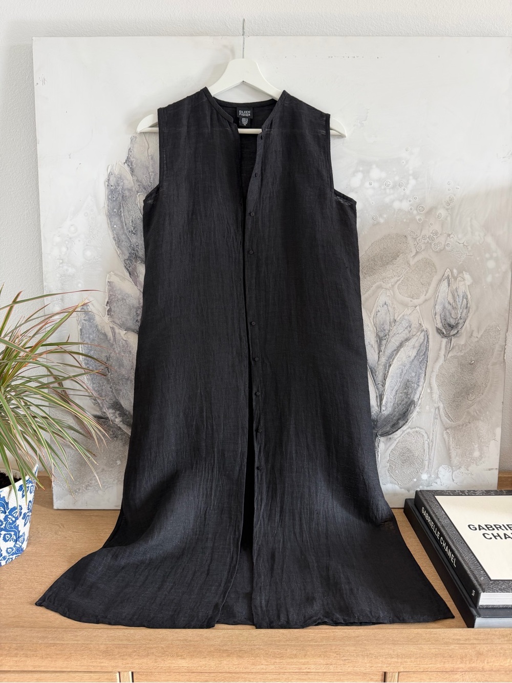 Eileen Fisher Black Sleeveless Button-Front Linen Shift Dress